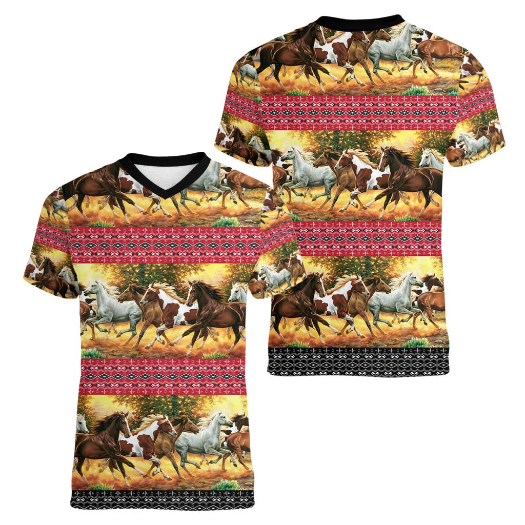 Horse Native American Pattern Christmas Christmas Women V-Neck T-Shirt Xmas Holiday Patterns - Wonder Print Shop