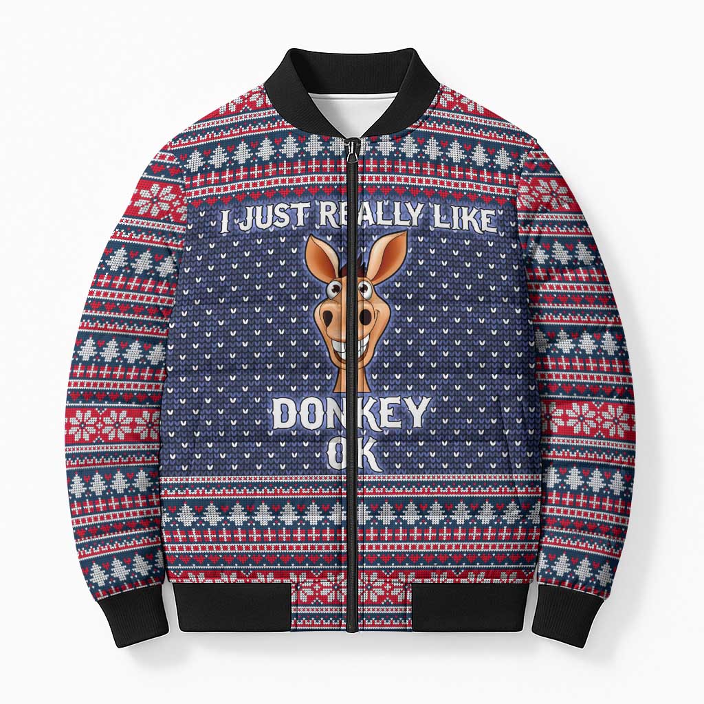 I Just Really Like Donkey Christmas Christmas Bomber Puffer Jacket Xmas Holiday Patterns - Wonder Print Shop