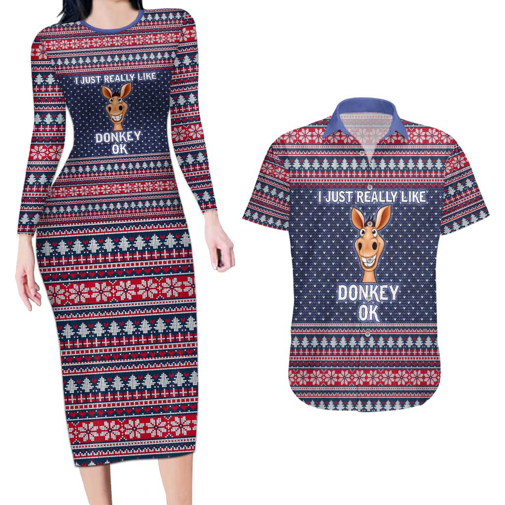 I Just Really Like Donkey Christmas Christmas Couples Matching Long Sleeve Bodycon Dress and Hawaiian Shirt Xmas Holiday Patterns - Wonder Print Shop