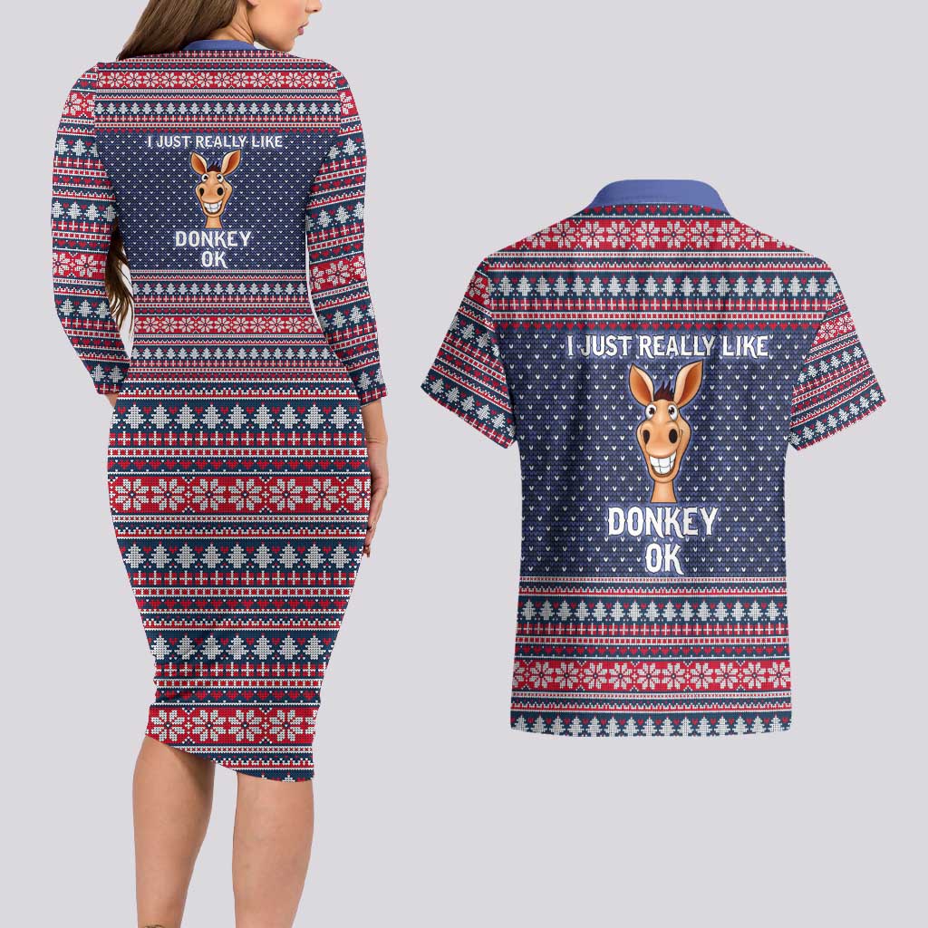 I Just Really Like Donkey Christmas Christmas Couples Matching Long Sleeve Bodycon Dress and Hawaiian Shirt Xmas Holiday Patterns - Wonder Print Shop
