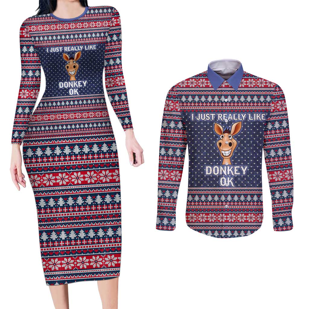 I Just Really Like Donkey Christmas Christmas Couples Matching Long Sleeve Bodycon Dress and Long Sleeve Button Shirt Xmas Holiday Patterns - Wonder Print Shop