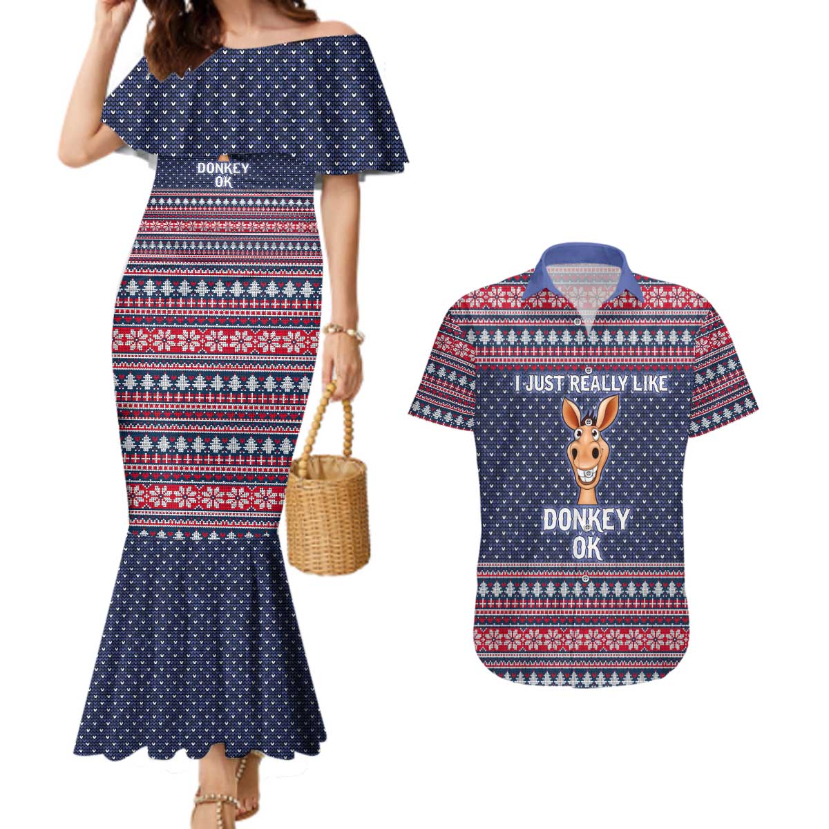 I Just Really Like Donkey Christmas Christmas Couples Matching Mermaid Dress and Hawaiian Shirt Xmas Holiday Patterns - Wonder Print Shop