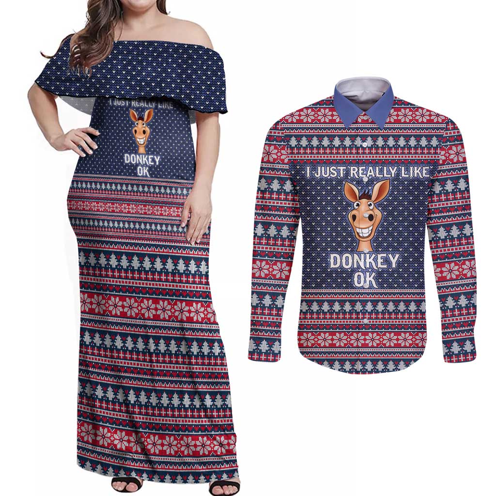I Just Really Like Donkey Christmas Christmas Couples Matching Off Shoulder Maxi Dress and Long Sleeve Button Shirt Xmas Holiday Patterns - Wonder Print Shop