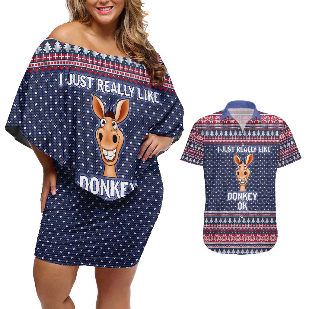 I Just Really Like Donkey Christmas Christmas Couples Matching Off Shoulder Short Dress and Hawaiian Shirt Xmas Holiday Patterns - Wonder Print Shop