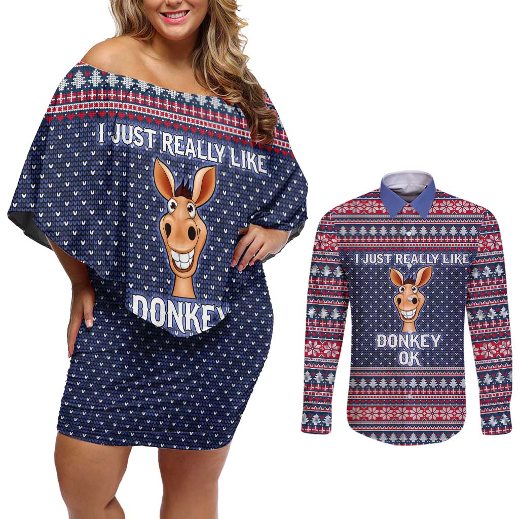 I Just Really Like Donkey Christmas Christmas Couples Matching Off Shoulder Short Dress and Long Sleeve Button Shirt Xmas Holiday Patterns - Wonder Print Shop