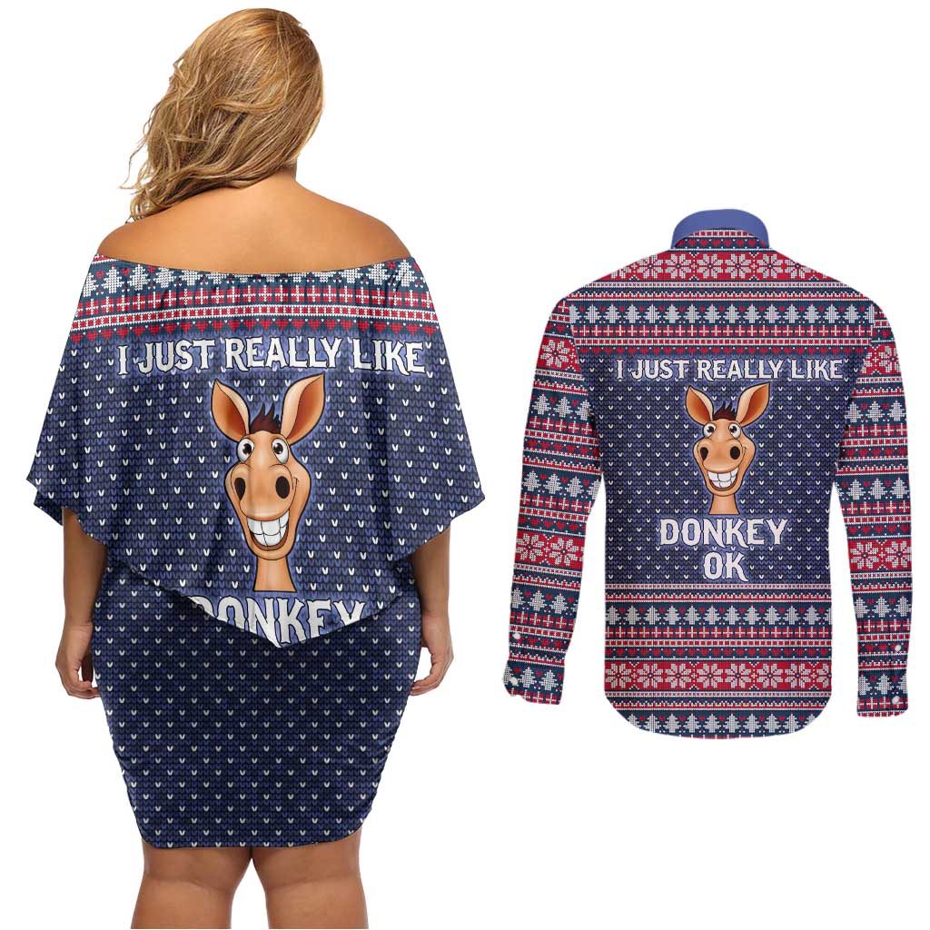 I Just Really Like Donkey Christmas Christmas Couples Matching Off Shoulder Short Dress and Long Sleeve Button Shirt Xmas Holiday Patterns - Wonder Print Shop