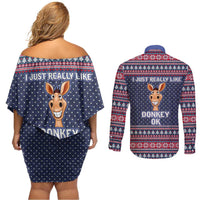 I Just Really Like Donkey Christmas Christmas Couples Matching Off Shoulder Short Dress and Long Sleeve Button Shirt Xmas Holiday Patterns - Wonder Print Shop
