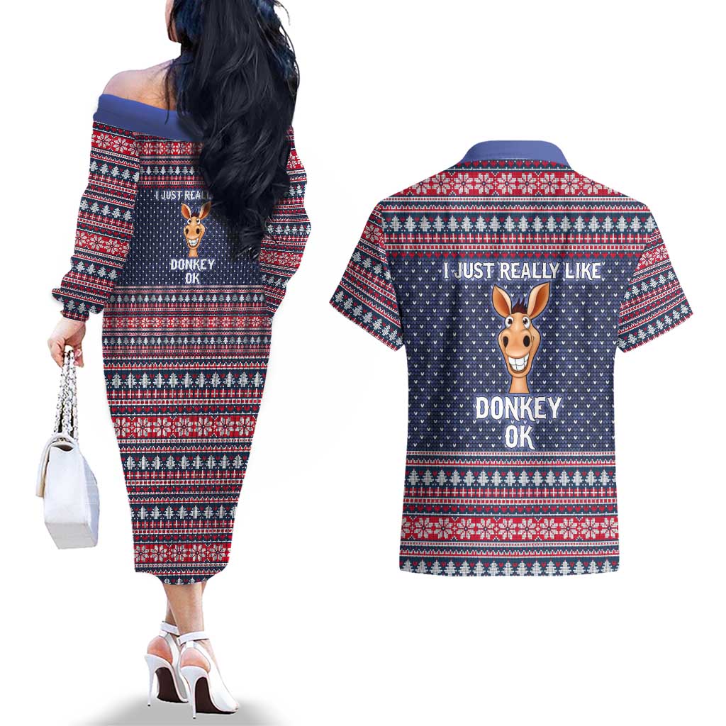 I Just Really Like Donkey Christmas Christmas Couples Matching Off The Shoulder Long Sleeve Dress and Hawaiian Shirt Xmas Holiday Patterns - Wonder Print Shop