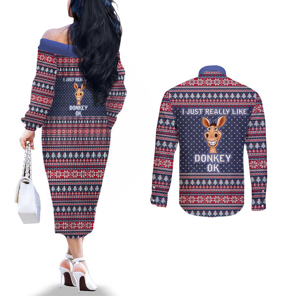 I Just Really Like Donkey Christmas Christmas Couples Matching Off The Shoulder Long Sleeve Dress and Long Sleeve Button Shirt Xmas Holiday Patterns - Wonder Print Shop