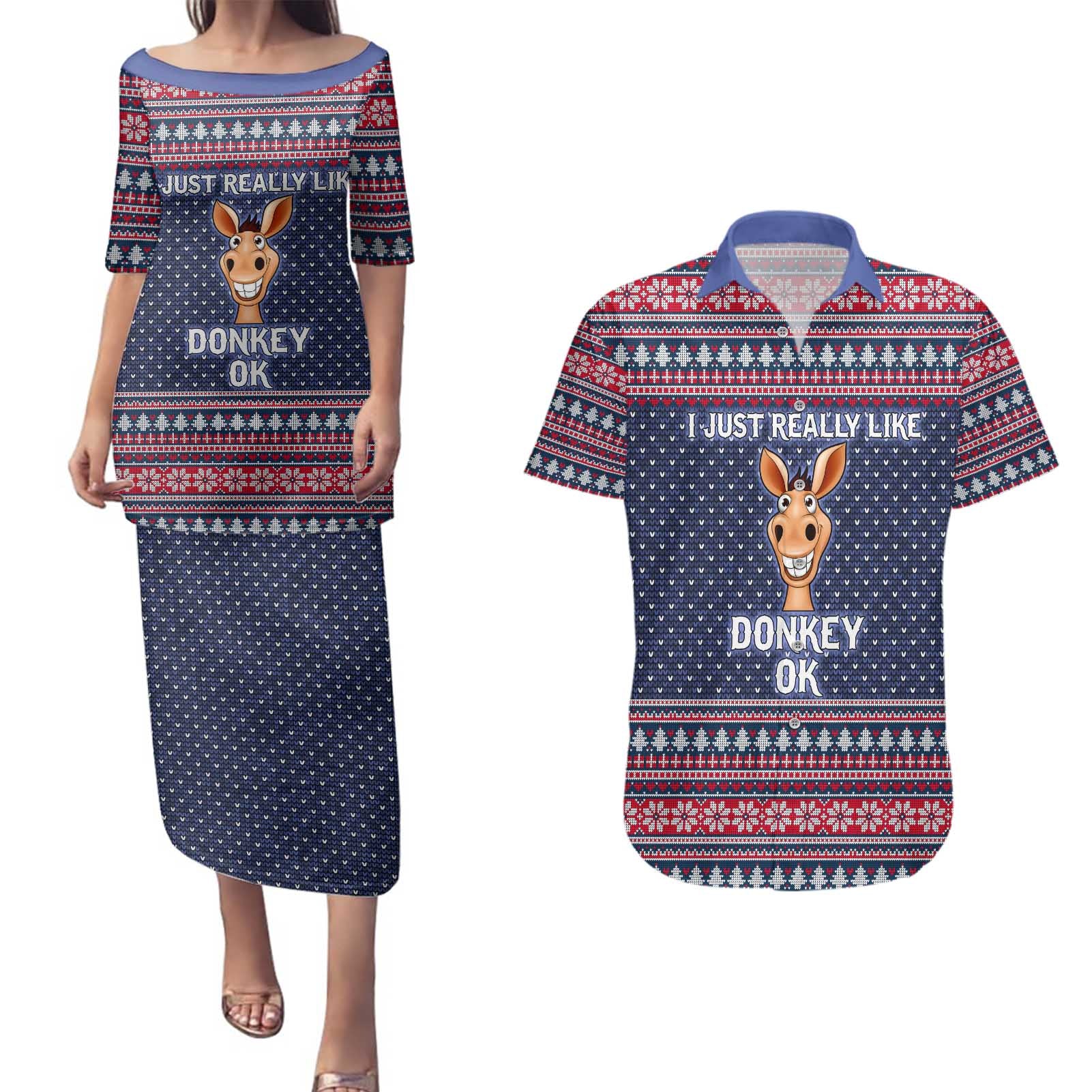 I Just Really Like Donkey Christmas Christmas Couples Matching Puletasi and Hawaiian Shirt Xmas Holiday Patterns - Wonder Print Shop