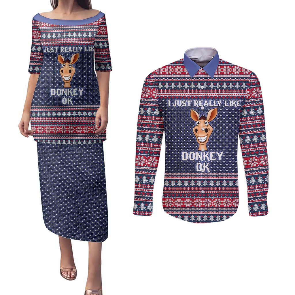 I Just Really Like Donkey Christmas Christmas Couples Matching Puletasi and Long Sleeve Button Shirt Xmas Holiday Patterns - Wonder Print Shop