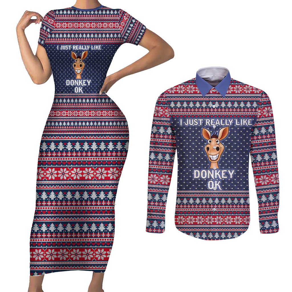 I Just Really Like Donkey Christmas Christmas Couples Matching Short Sleeve Bodycon Dress and Long Sleeve Button Shirt Xmas Holiday Patterns - Wonder Print Shop