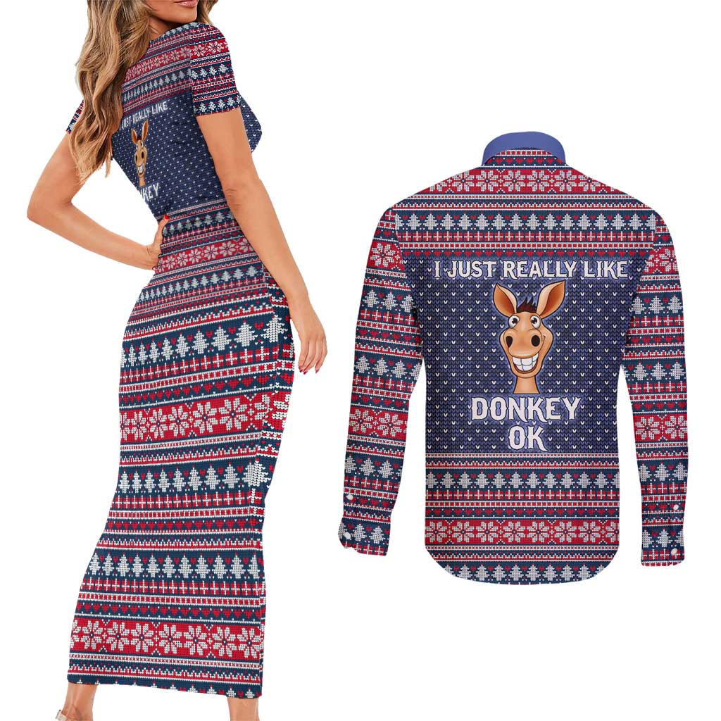 I Just Really Like Donkey Christmas Christmas Couples Matching Short Sleeve Bodycon Dress and Long Sleeve Button Shirt Xmas Holiday Patterns - Wonder Print Shop