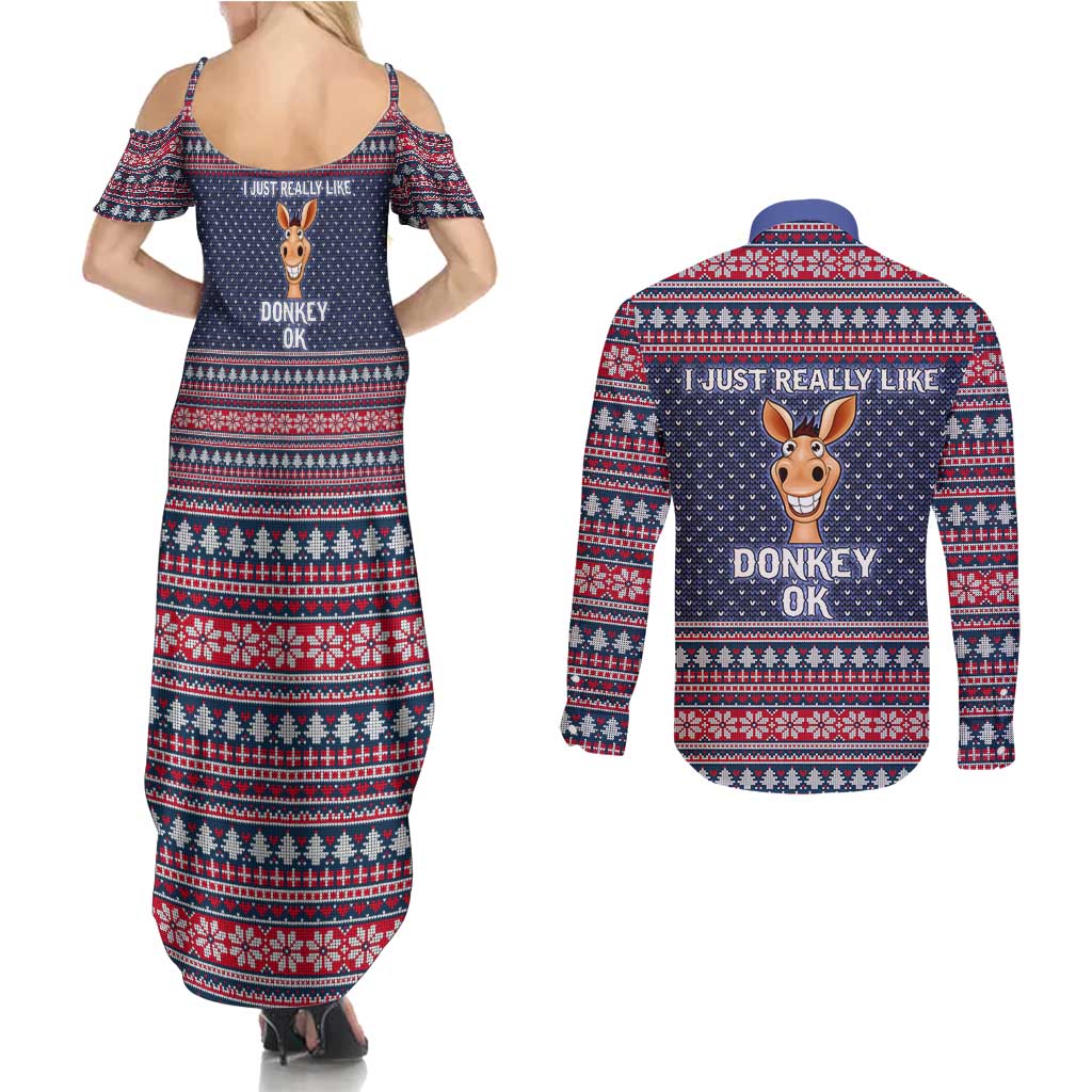 I Just Really Like Donkey Christmas Christmas Couples Matching Summer Maxi Dress and Long Sleeve Button Shirt Xmas Holiday Patterns - Wonder Print Shop