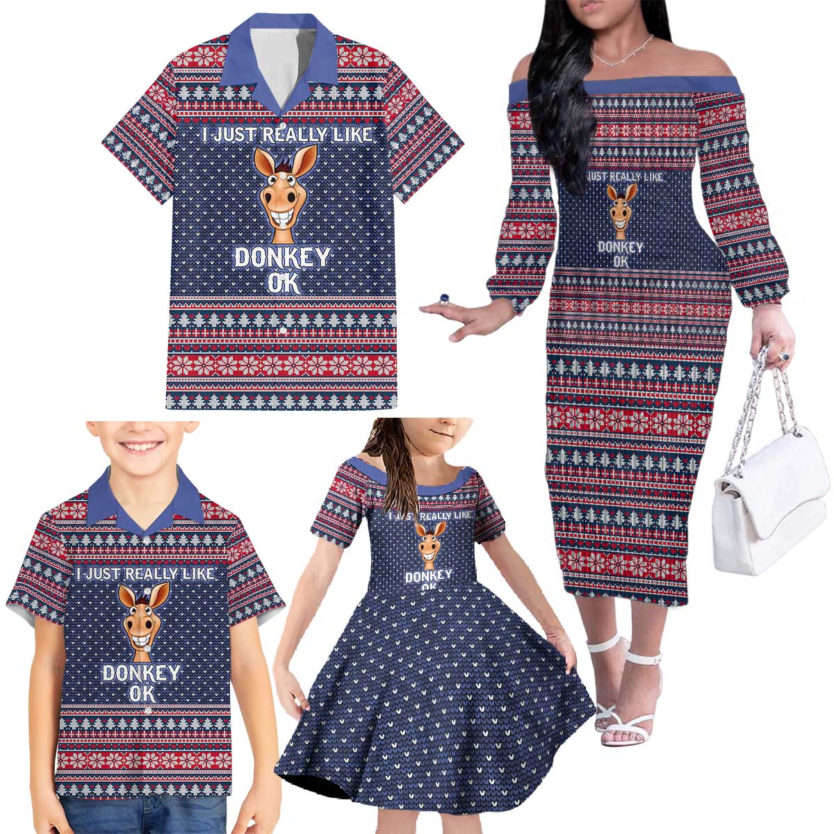 I Just Really Like Donkey Christmas Christmas Family Matching Off The Shoulder Long Sleeve Dress and Hawaiian Shirt Xmas Holiday Patterns - Wonder Print Shop