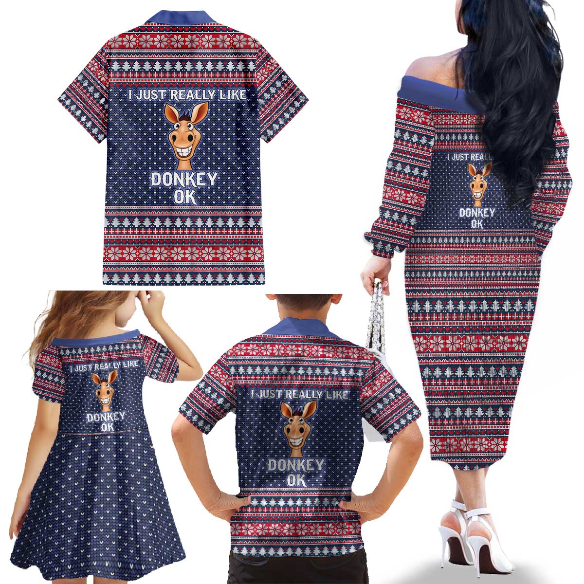 I Just Really Like Donkey Christmas Christmas Family Matching Off The Shoulder Long Sleeve Dress and Hawaiian Shirt Xmas Holiday Patterns - Wonder Print Shop