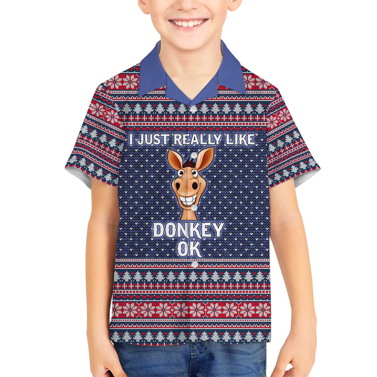 I Just Really Like Donkey Christmas Christmas Family Matching Off The Shoulder Long Sleeve Dress and Hawaiian Shirt Xmas Holiday Patterns - Wonder Print Shop