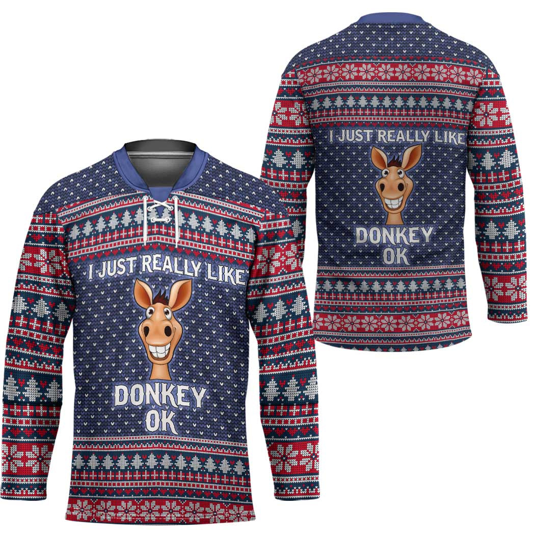 I Just Really Like Donkey Christmas Christmas Hockey Jersey Xmas Holiday Patterns - Wonder Print Shop