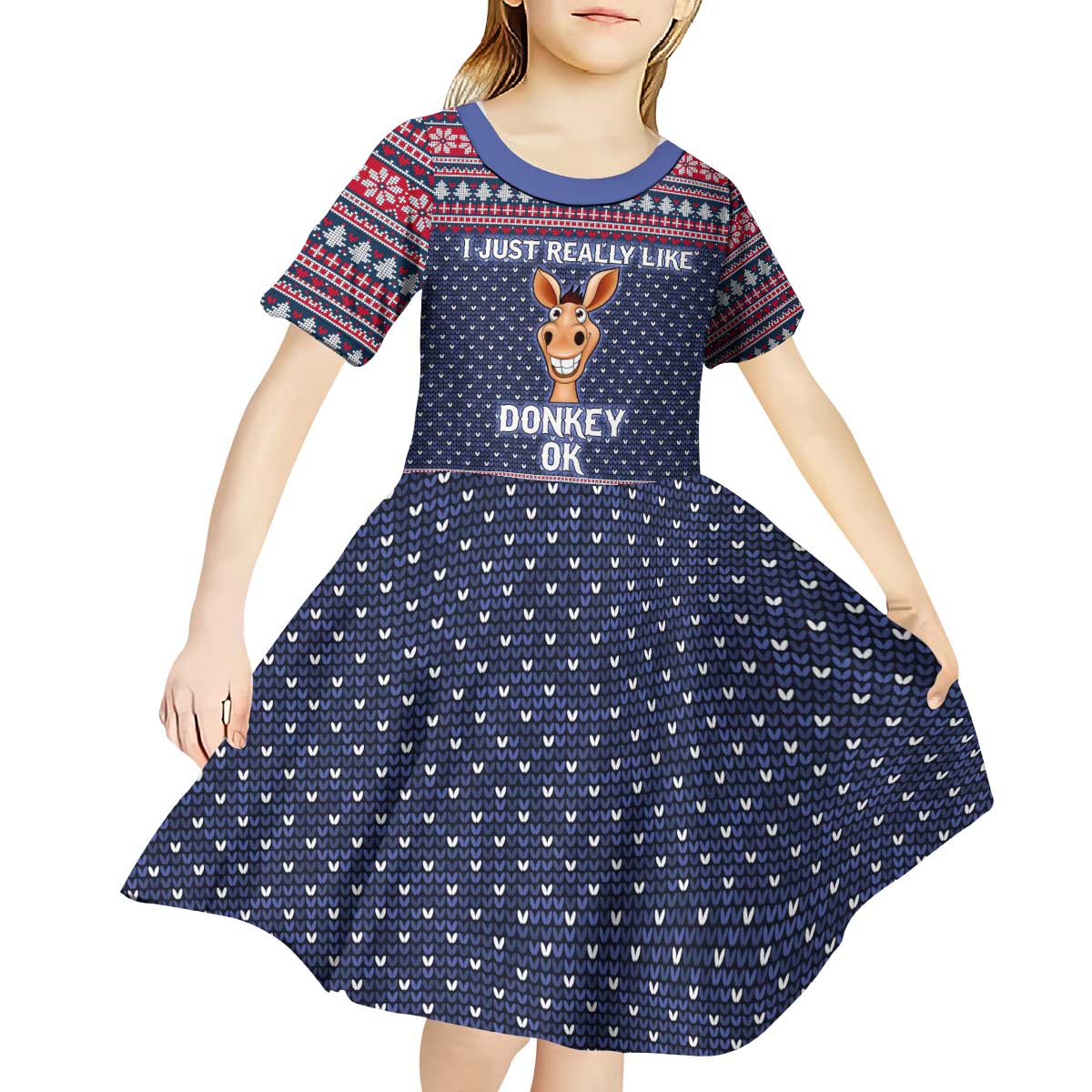 I Just Really Like Donkey Christmas Christmas Kid Short Sleeve Dress Xmas Holiday Patterns - Wonder Print Shop