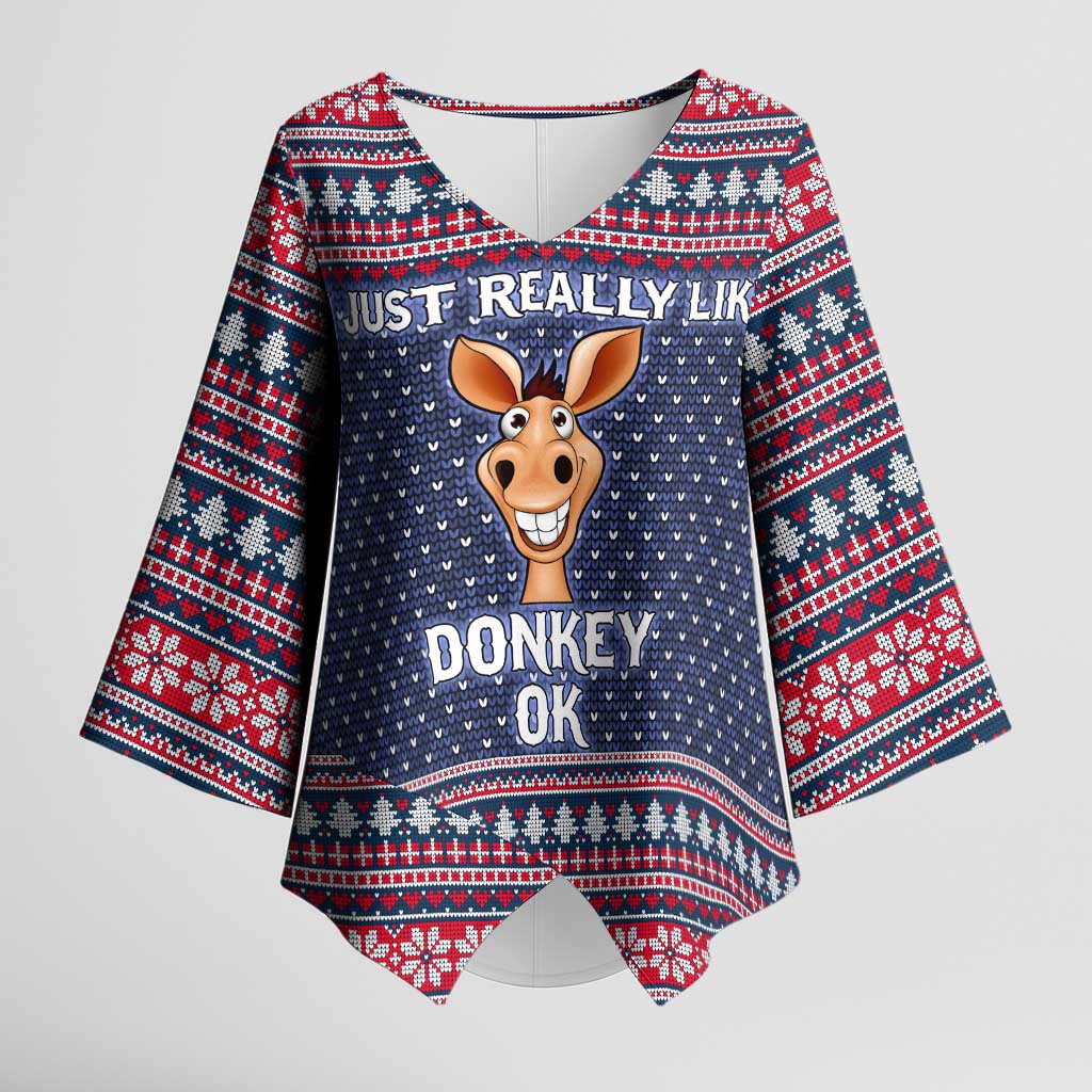 I Just Really Like Donkey Christmas Christmas Kimono Sleeve Blouse Xmas Holiday Patterns - Wonder Print Shop
