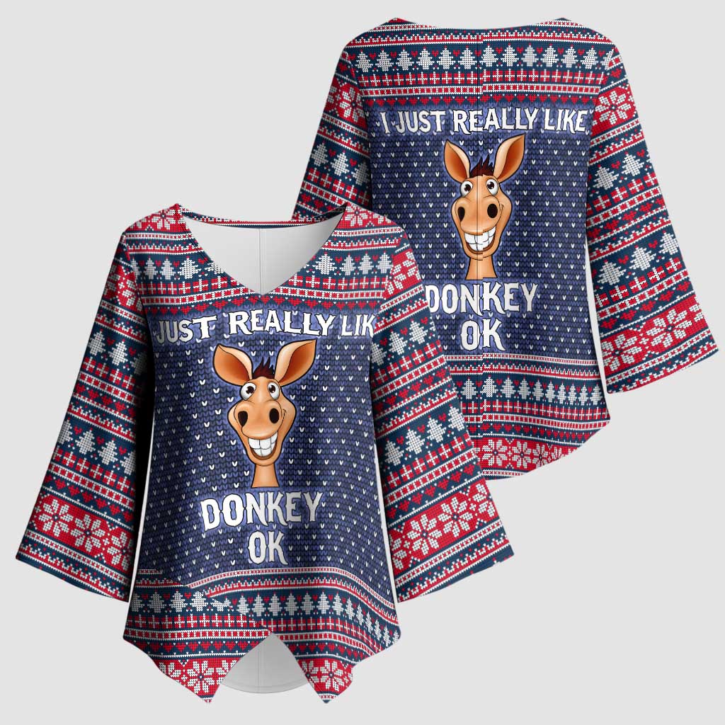 I Just Really Like Donkey Christmas Christmas Kimono Sleeve Blouse Xmas Holiday Patterns - Wonder Print Shop