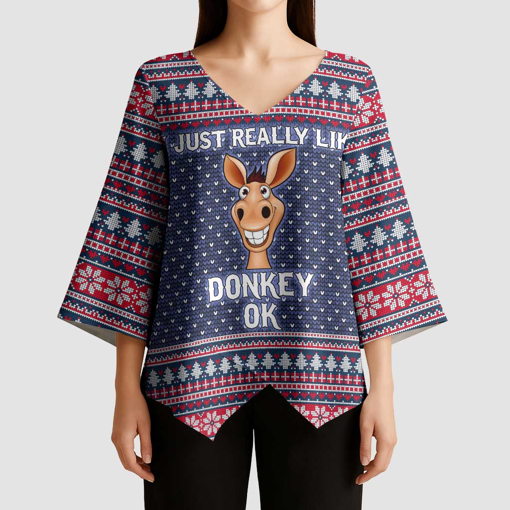 I Just Really Like Donkey Christmas Christmas Kimono Sleeve Blouse Xmas Holiday Patterns - Wonder Print Shop