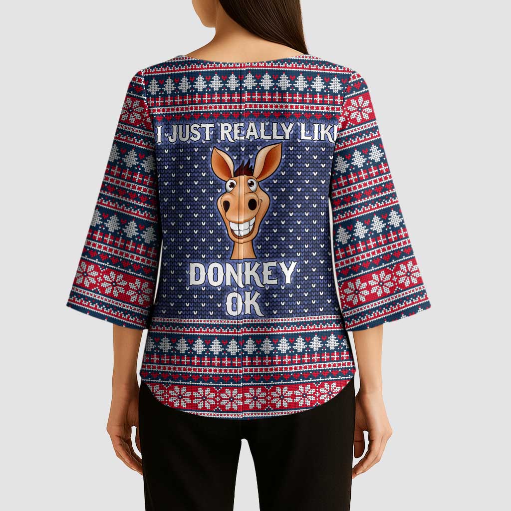 I Just Really Like Donkey Christmas Christmas Kimono Sleeve Blouse Xmas Holiday Patterns - Wonder Print Shop