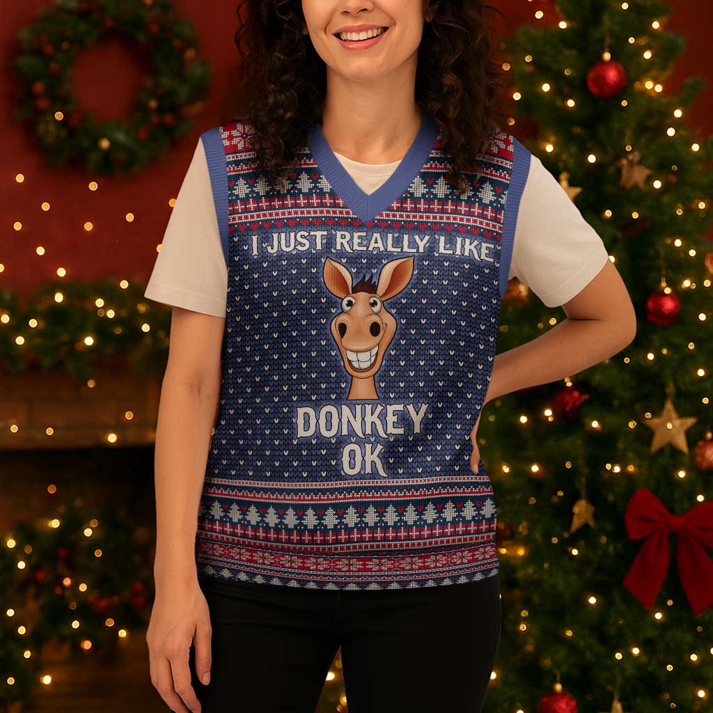I Just Really Like Donkey Christmas Christmas Knitted V-Neck Vest Xmas Holiday Patterns - Wonder Print Shop
