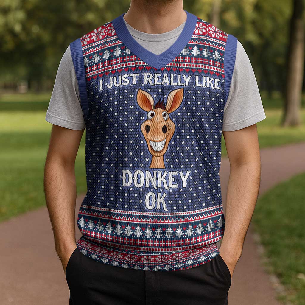 I Just Really Like Donkey Christmas Christmas Knitted V-Neck Vest Xmas Holiday Patterns - Wonder Print Shop