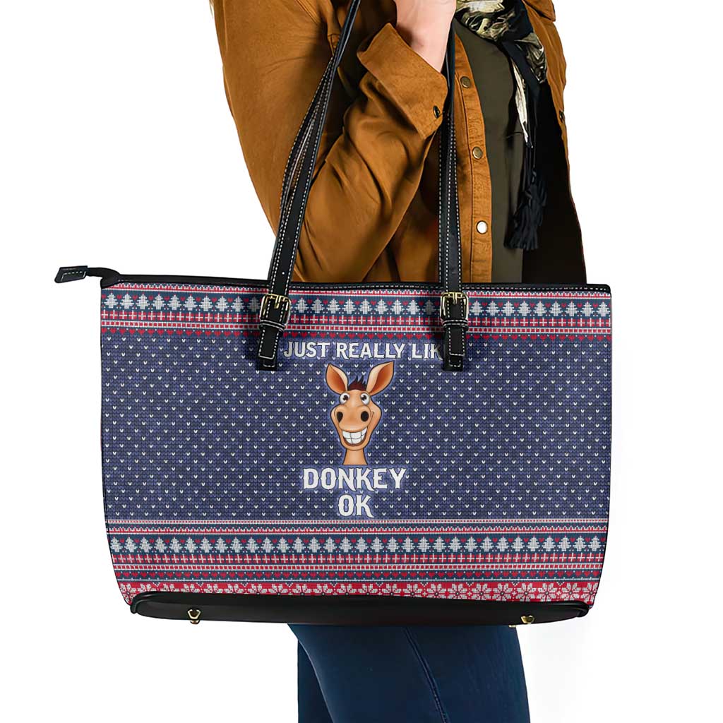I Just Really Like Donkey Christmas Christmas Leather Tote Bag Xmas Holiday Patterns - Wonder Print Shop