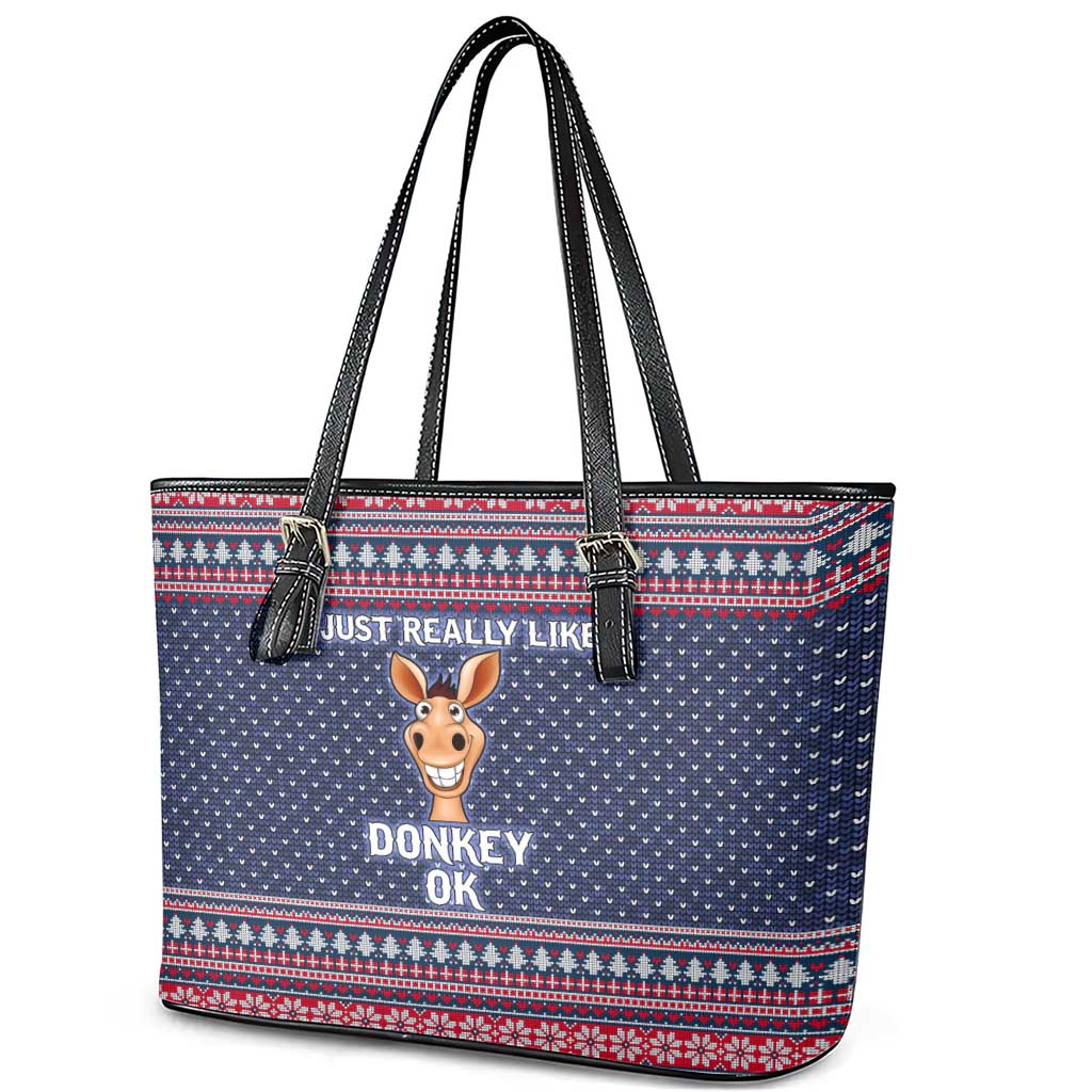 I Just Really Like Donkey Christmas Christmas Leather Tote Bag Xmas Holiday Patterns - Wonder Print Shop
