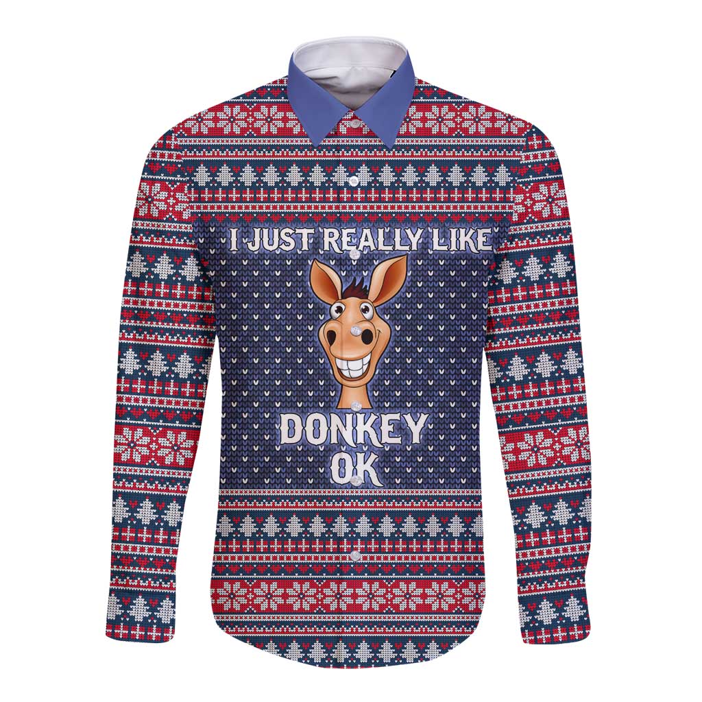 I Just Really Like Donkey Christmas Christmas Long Sleeve Button Shirt Xmas Holiday Patterns - Wonder Print Shop