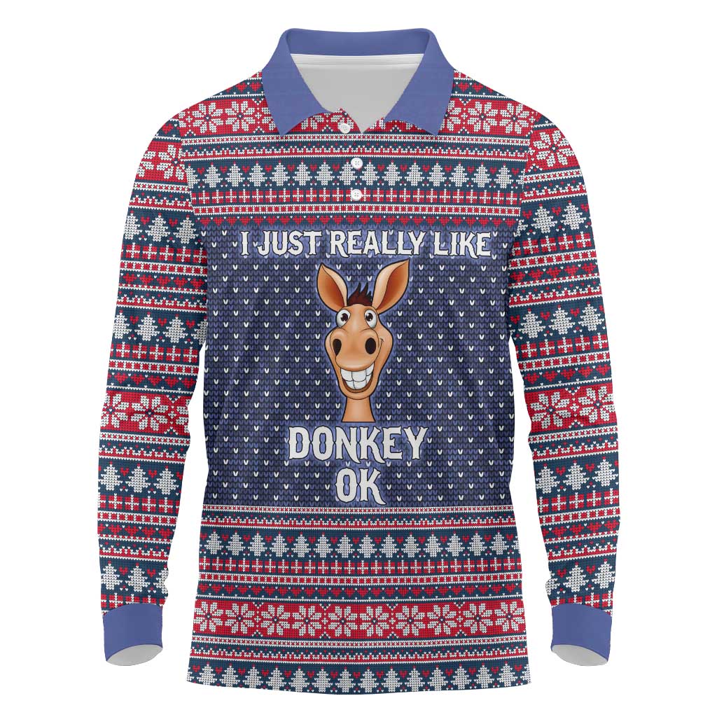 I Just Really Like Donkey Christmas Christmas Long Sleeve Polo Shirt Xmas Holiday Patterns - Wonder Print Shop