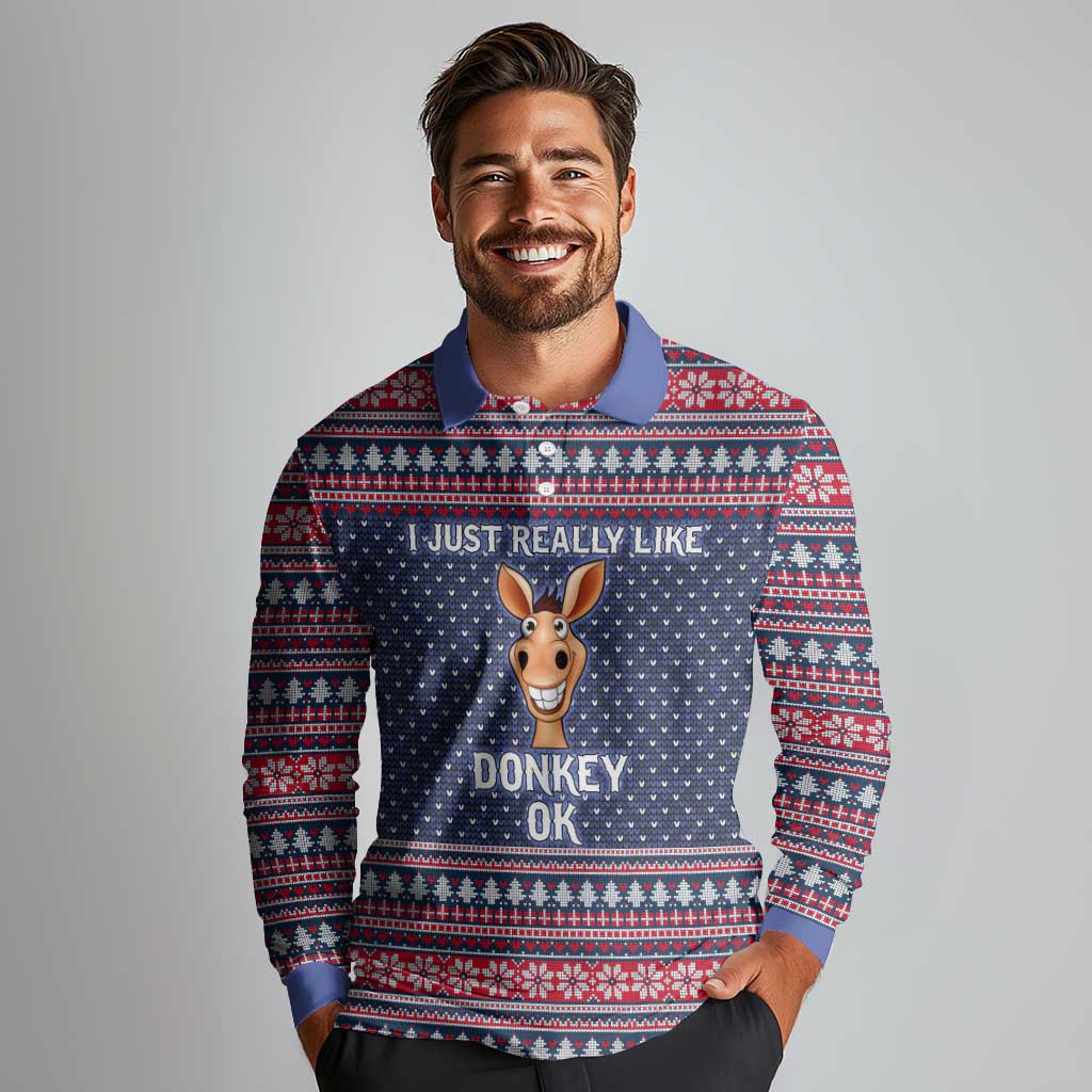 I Just Really Like Donkey Christmas Christmas Long Sleeve Polo Shirt Xmas Holiday Patterns - Wonder Print Shop