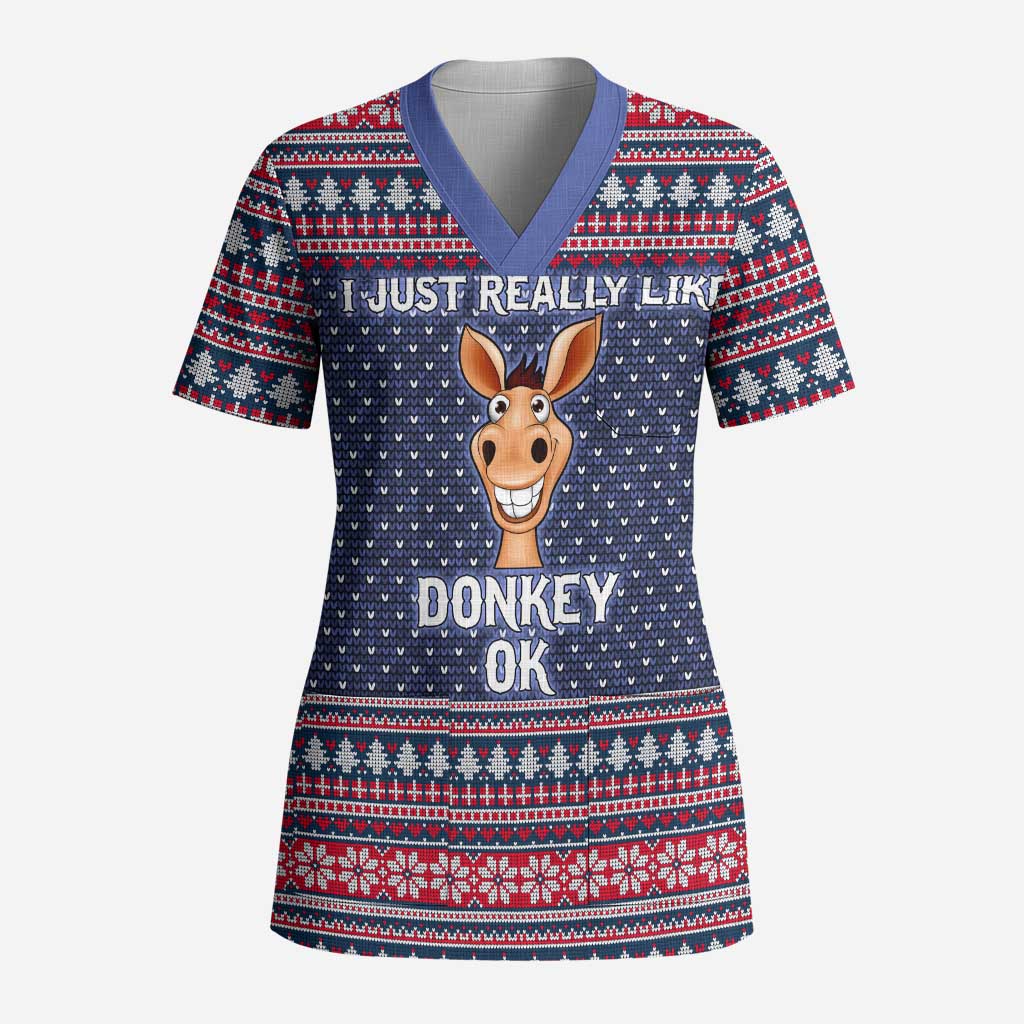 I Just Really Like Donkey Christmas Christmas Scrub Top Xmas Holiday Patterns - Wonder Print Shop