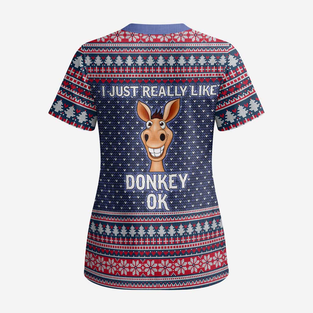 I Just Really Like Donkey Christmas Christmas Scrub Top Xmas Holiday Patterns - Wonder Print Shop