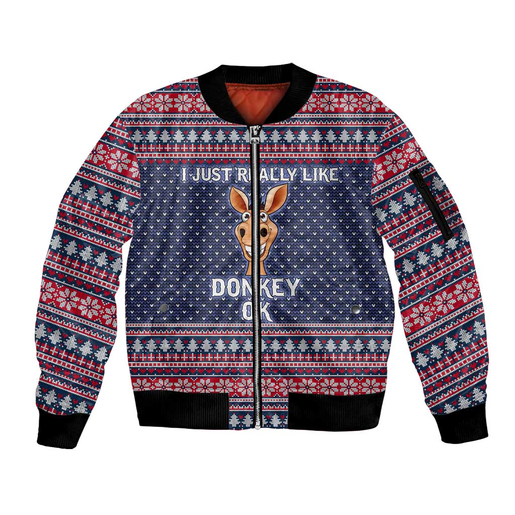 I Just Really Like Donkey Christmas Christmas Sleeve Zip Bomber Jacket Xmas Holiday Patterns - Wonder Print Shop