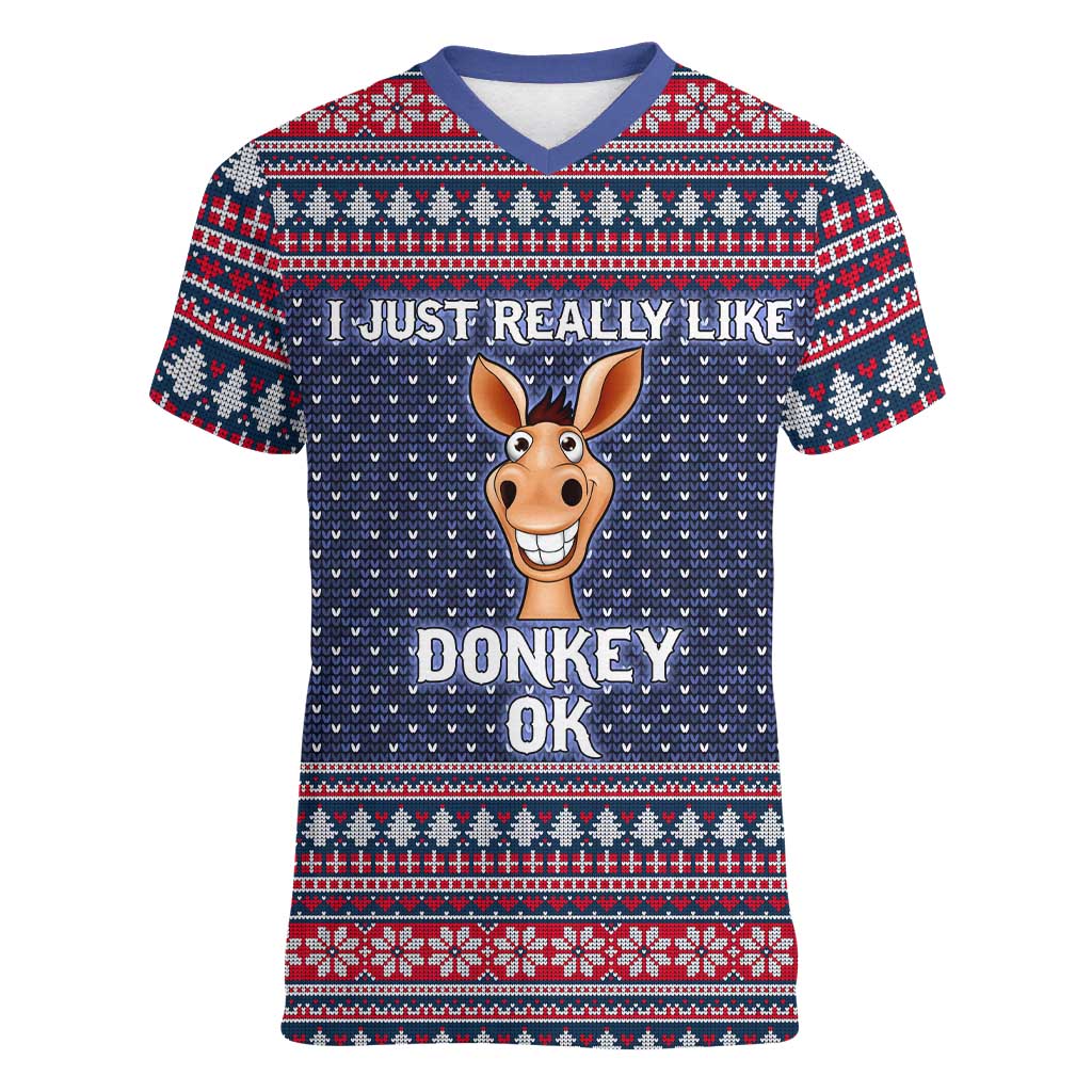 I Just Really Like Donkey Christmas Christmas Women V-Neck T-Shirt Xmas Holiday Patterns - Wonder Print Shop