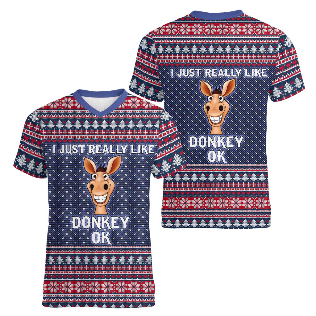 I Just Really Like Donkey Christmas Christmas Women V-Neck T-Shirt Xmas Holiday Patterns - Wonder Print Shop