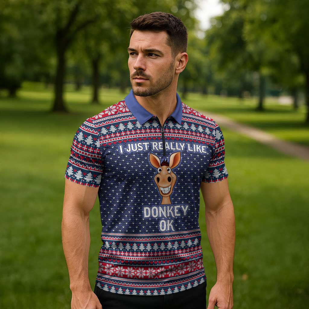 I Just Really Like Donkey Christmas Christmas Zipper Polo Shirt Xmas Holiday Patterns - Wonder Print Shop