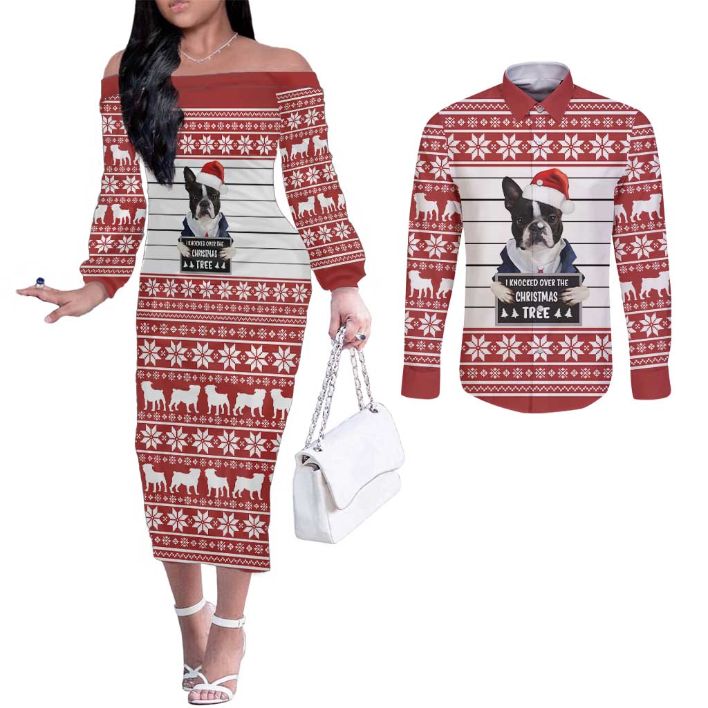 I Knocked Over Yhe Christmas Tree Christmas Christmas Couples Matching Off The Shoulder Long Sleeve Dress and Long Sleeve Button Shirt Xmas Holiday Patterns - Wonder Print Shop