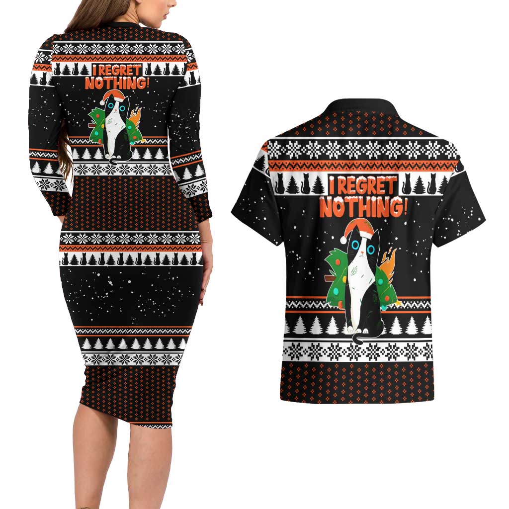 I Regret Nothing Cat Christmas Christmas Couples Matching Long Sleeve Bodycon Dress and Hawaiian Shirt Xmas Holiday Patterns - Wonder Print Shop