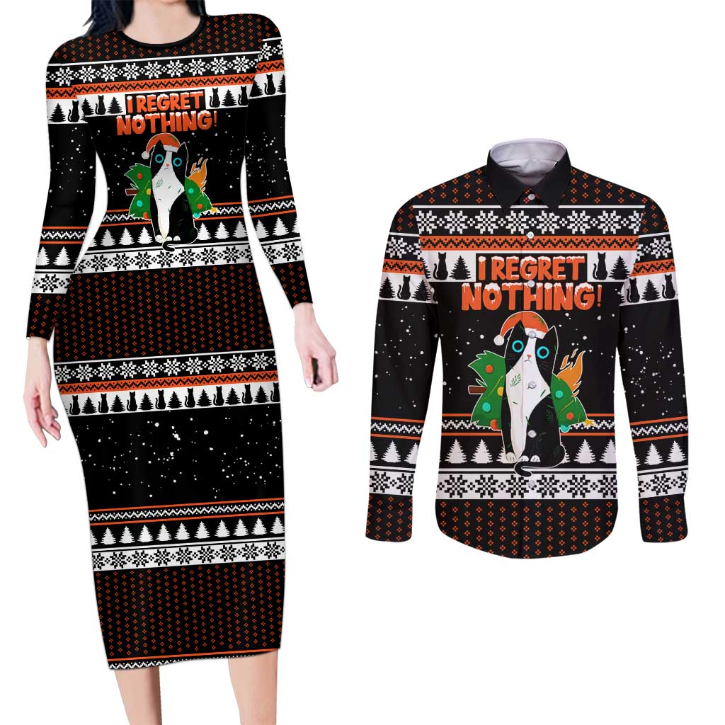 I Regret Nothing Cat Christmas Christmas Couples Matching Long Sleeve Bodycon Dress and Long Sleeve Button Shirt Xmas Holiday Patterns - Wonder Print Shop