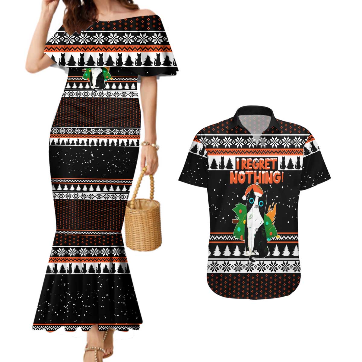 I Regret Nothing Cat Christmas Christmas Couples Matching Mermaid Dress and Hawaiian Shirt Xmas Holiday Patterns - Wonder Print Shop