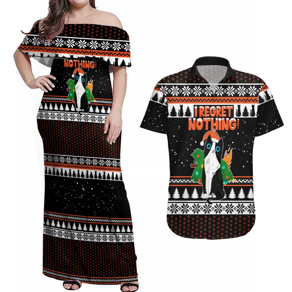I Regret Nothing Cat Christmas Christmas Couples Matching Off Shoulder Maxi Dress and Hawaiian Shirt Xmas Holiday Patterns - Wonder Print Shop