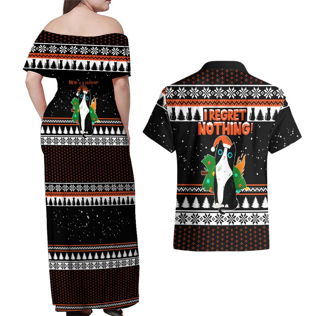 I Regret Nothing Cat Christmas Christmas Couples Matching Off Shoulder Maxi Dress and Hawaiian Shirt Xmas Holiday Patterns - Wonder Print Shop