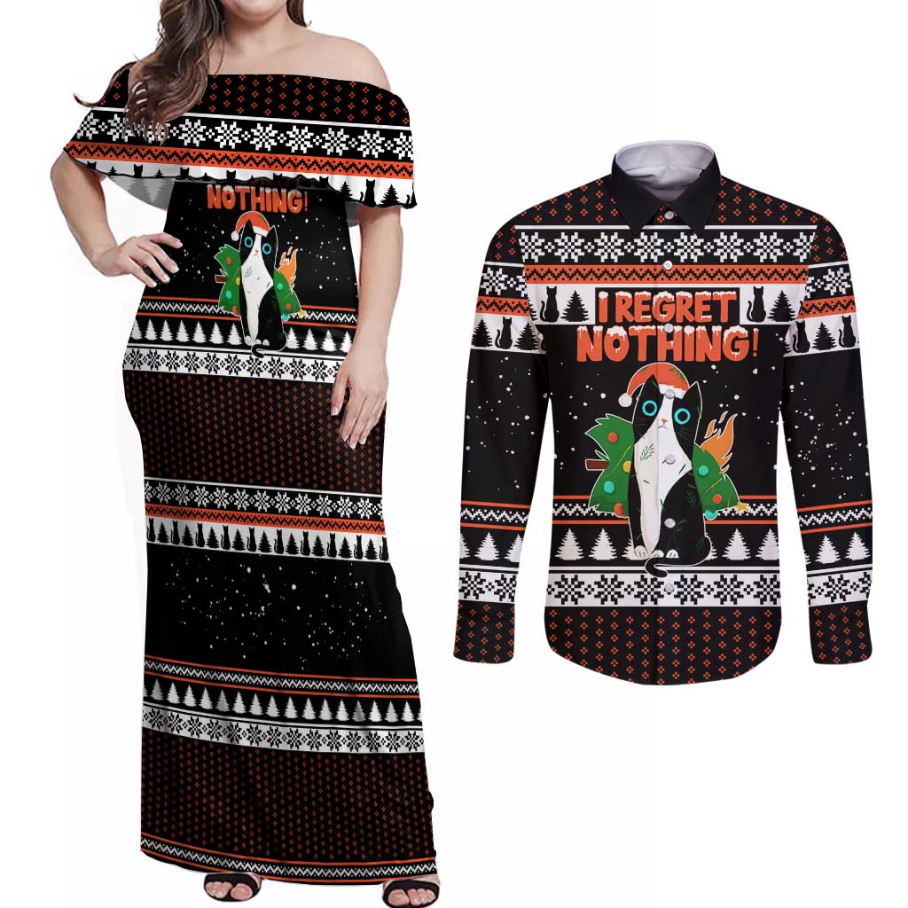 I Regret Nothing Cat Christmas Christmas Couples Matching Off Shoulder Maxi Dress and Long Sleeve Button Shirt Xmas Holiday Patterns - Wonder Print Shop