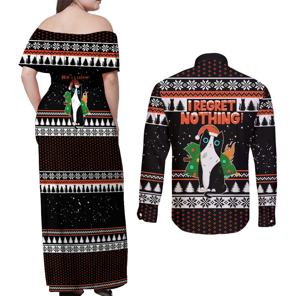 I Regret Nothing Cat Christmas Christmas Couples Matching Off Shoulder Maxi Dress and Long Sleeve Button Shirt Xmas Holiday Patterns - Wonder Print Shop