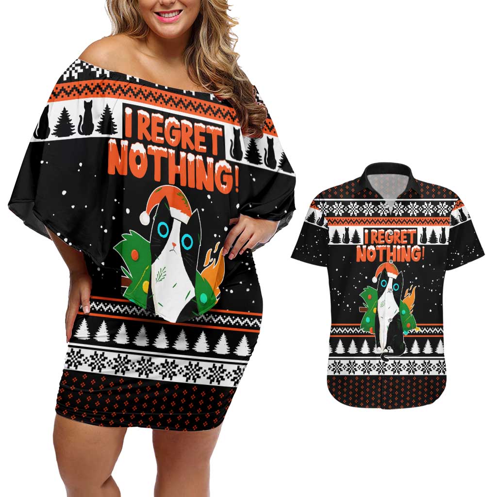 I Regret Nothing Cat Christmas Christmas Couples Matching Off Shoulder Short Dress and Hawaiian Shirt Xmas Holiday Patterns - Wonder Print Shop