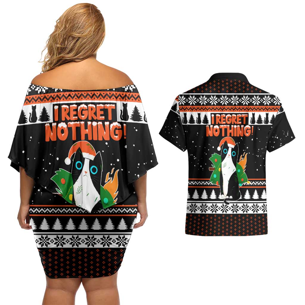 I Regret Nothing Cat Christmas Christmas Couples Matching Off Shoulder Short Dress and Hawaiian Shirt Xmas Holiday Patterns - Wonder Print Shop